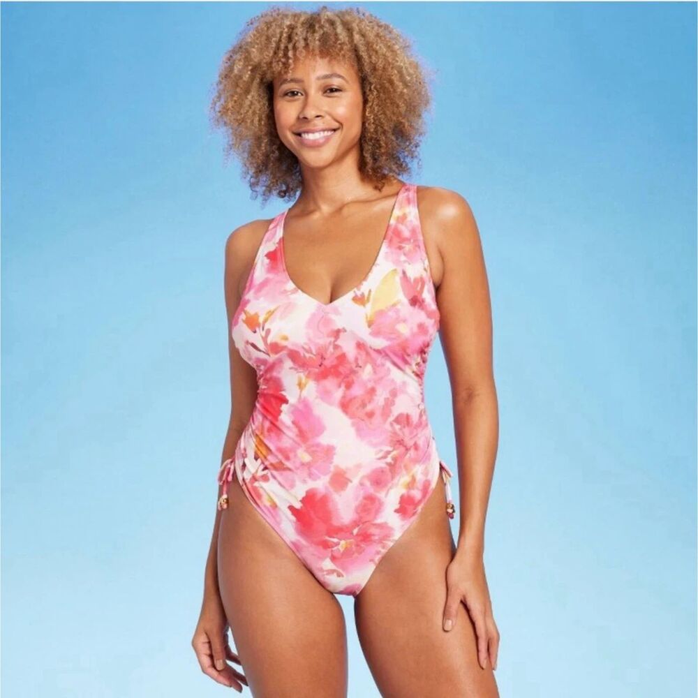NWT Women's Shade and Shore, Plunge Side-Tie Swimsuit Multi Floral Print S 4-6